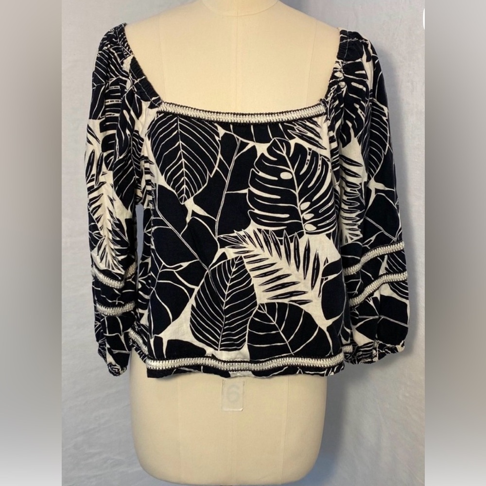 Cynthia Rowley Linen Monstera Leaf Crop Blouse Women L Puff Sleeve Tropical Boho